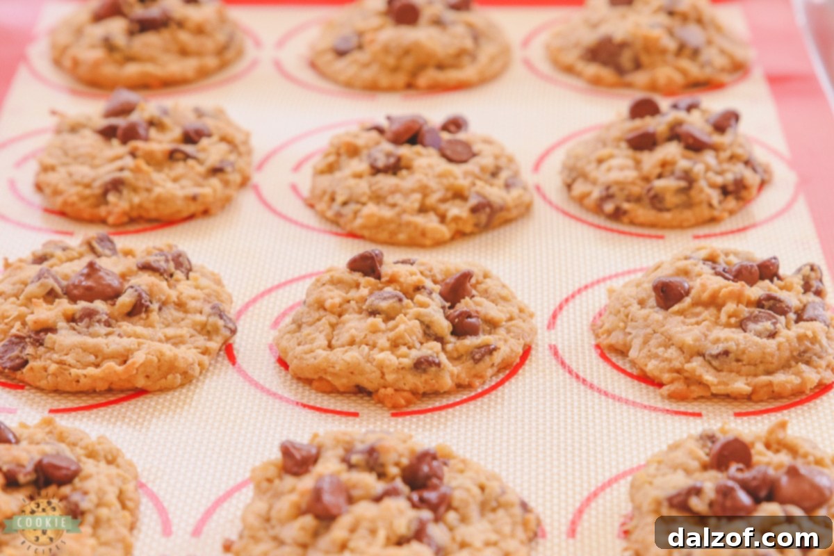 chocolate chip cookies with coconut and oatmeal on a silicon baking mat, ready to be baked