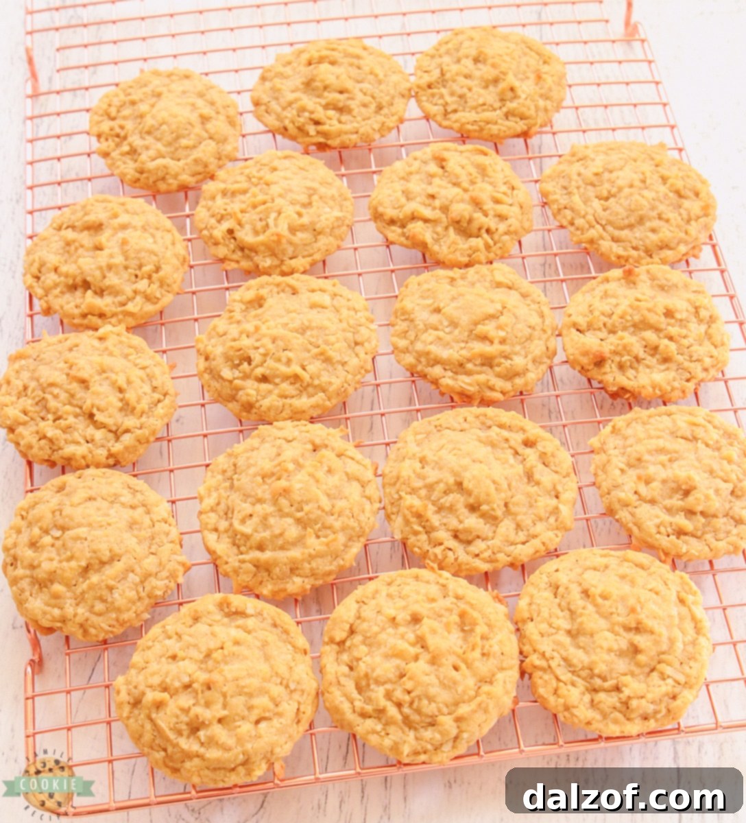 coconut oatmeal cookies on a cooling rack