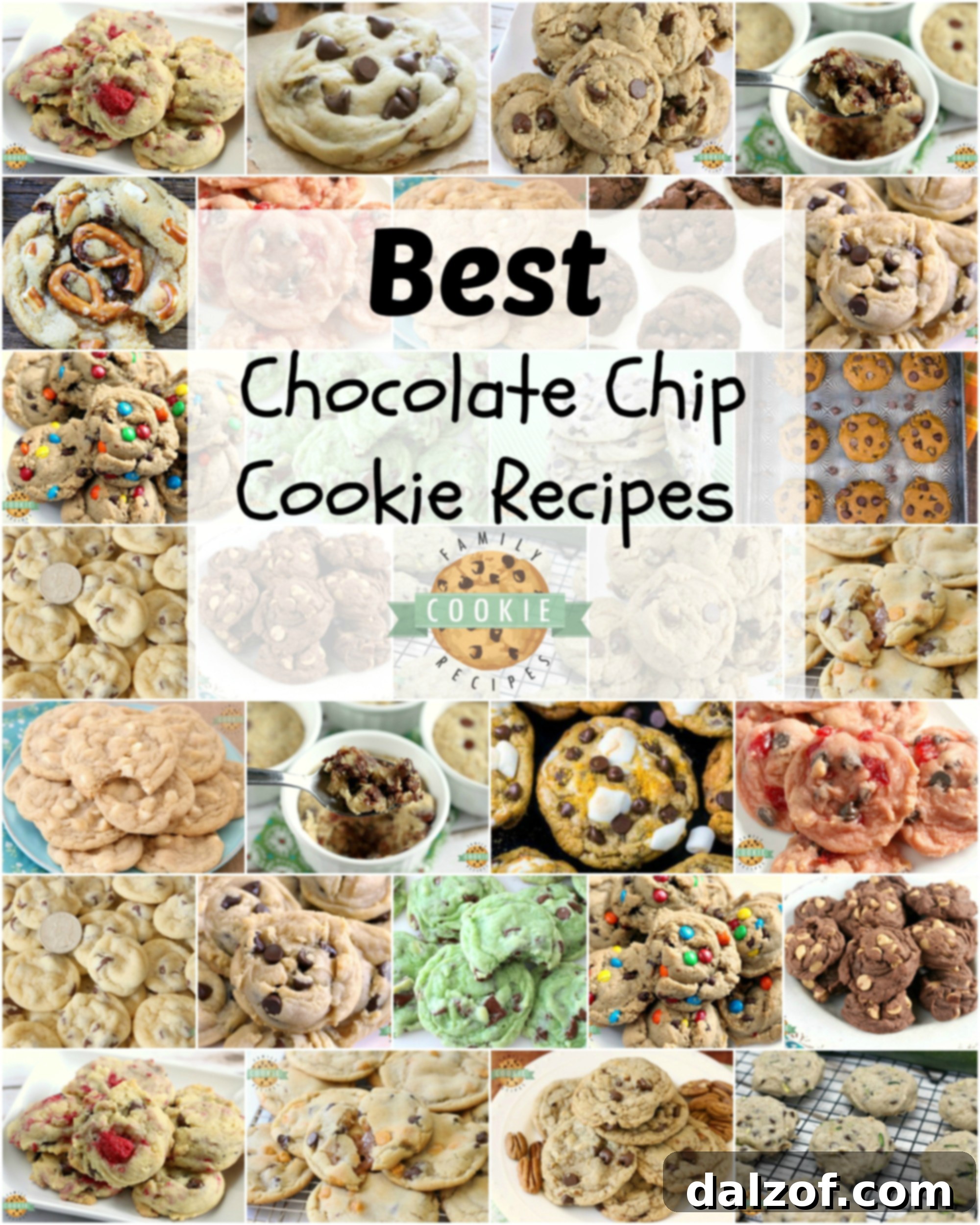 A collage of various delicious chocolate chip cookies, showcasing different textures and ingredients.