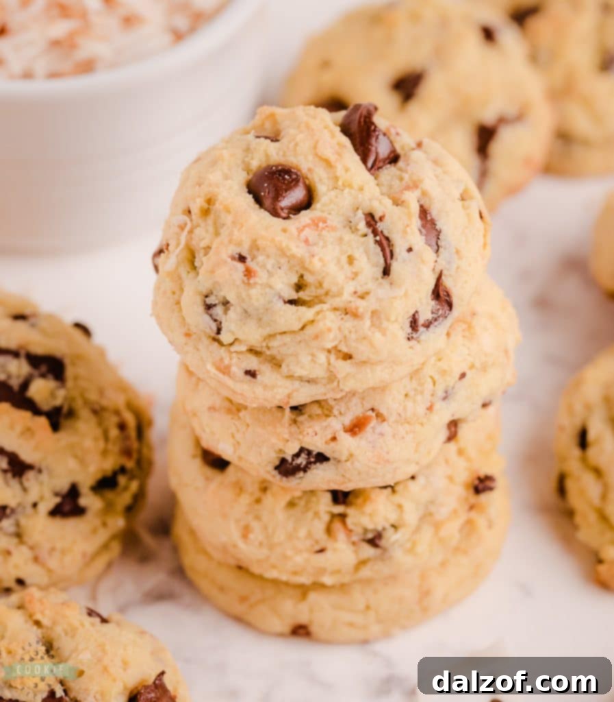 Coconut Chocolate Chip Cookies with a soft, chewy texture.