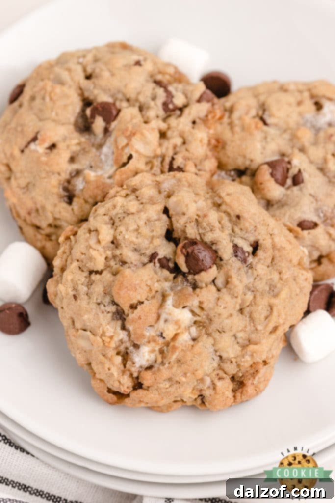 S'mores Oatmeal Cookies, full of oats, chocolate chips, and mini marshmallows.