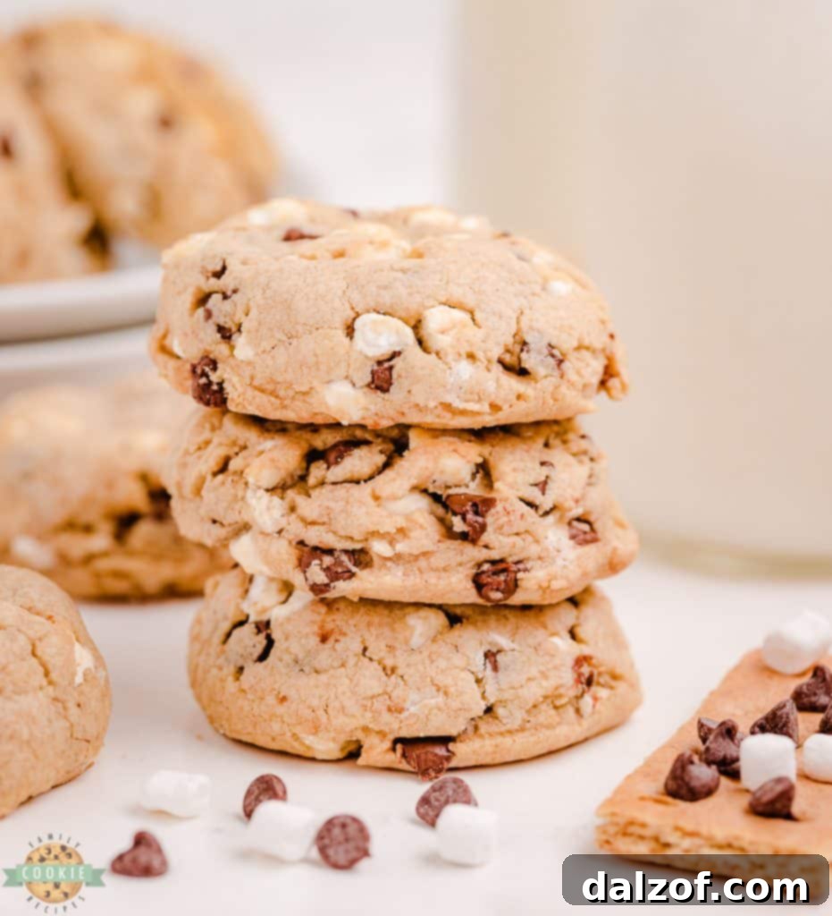 Stack of S'mores Chocolate Chip Cookies, loaded with marshmallow.