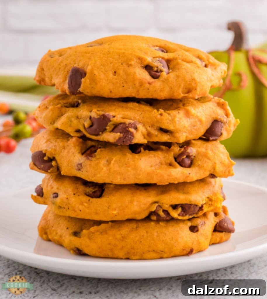 Stack of Pumpkin Chocolate Chip Cookies, spiced for Fall.