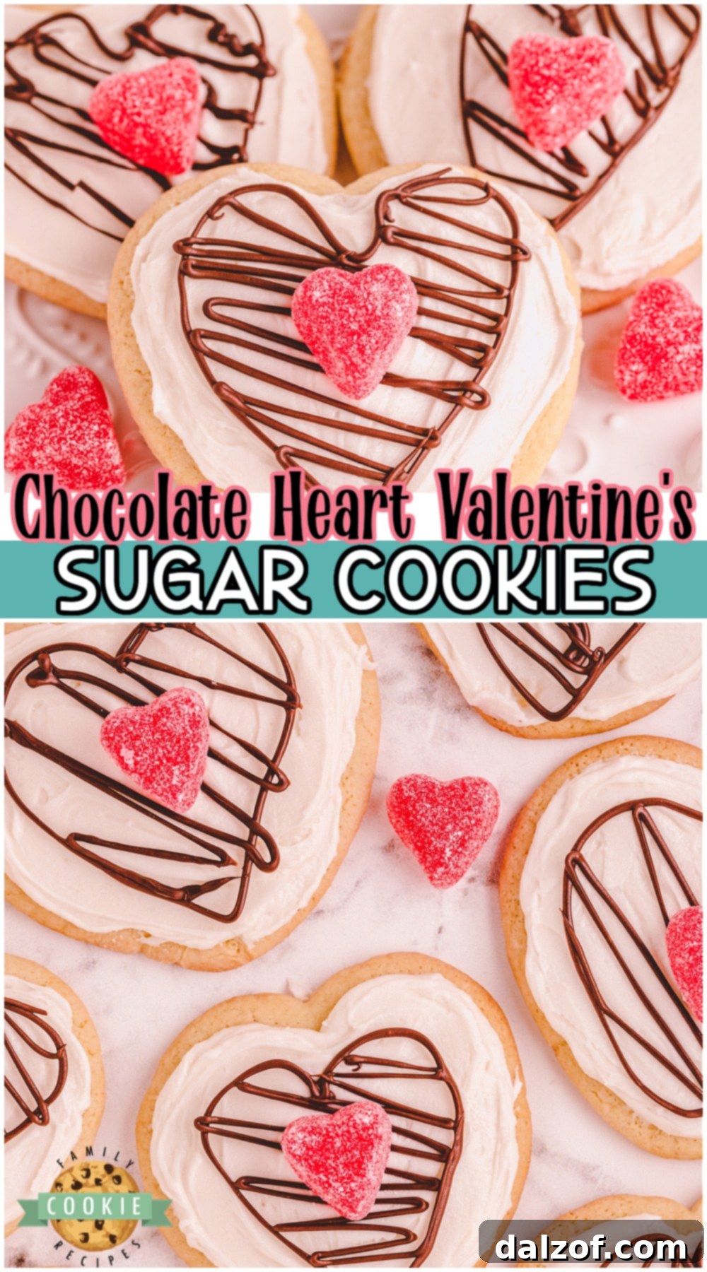 Chocolate Heart Valentine's Sugar Cookies are soft, buttery cookies topped with vanilla icing & candy hearts! These simple Valentines Day sugar cookies are adorable and festive! A collage for Pinterest sharing.