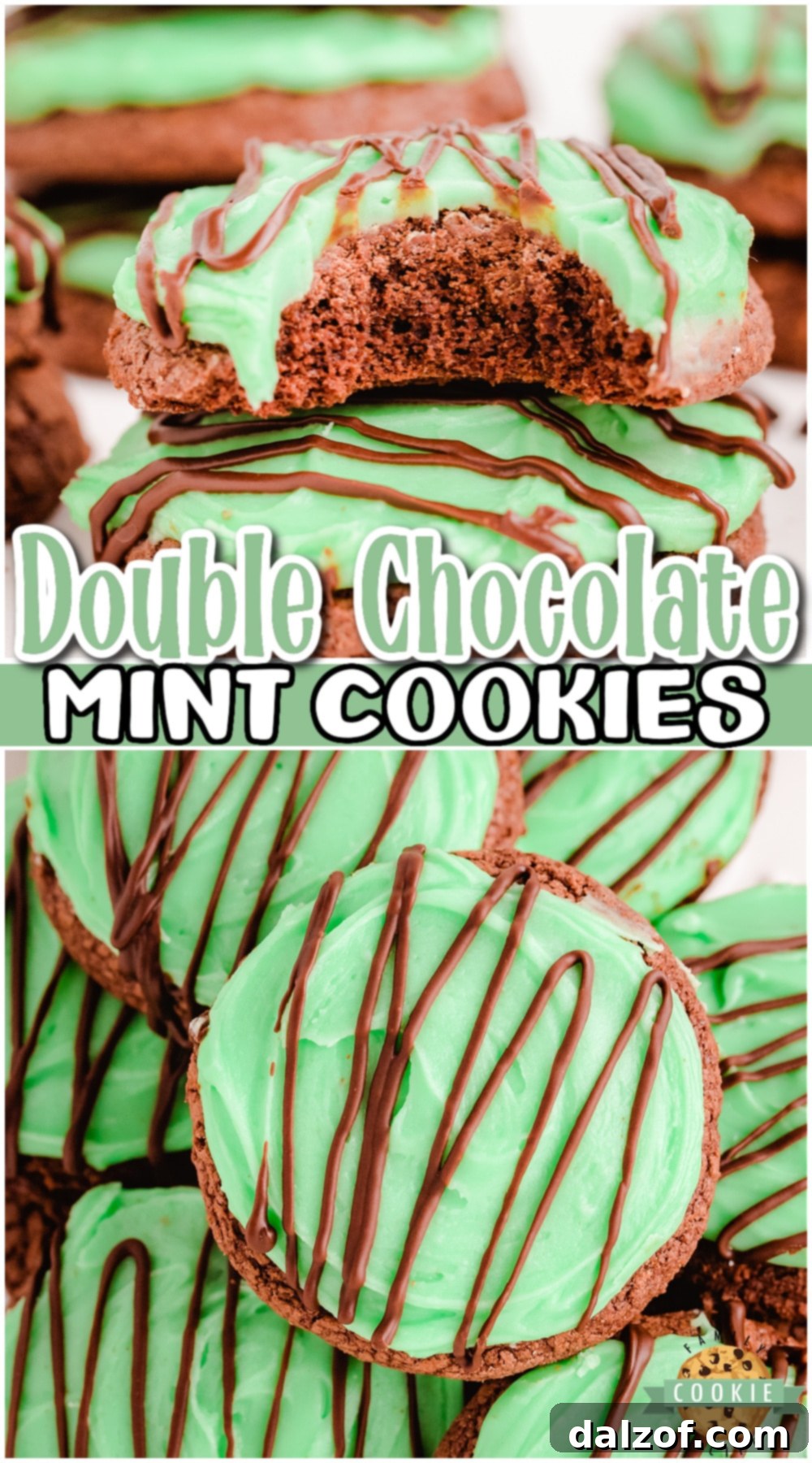 Double Chocolate Mint Cookies with a brownie cookie base, topped with mint icing and a decadent chocolate drizzle! Fantastic cookies that mint chocolate lovers go crazy over! 