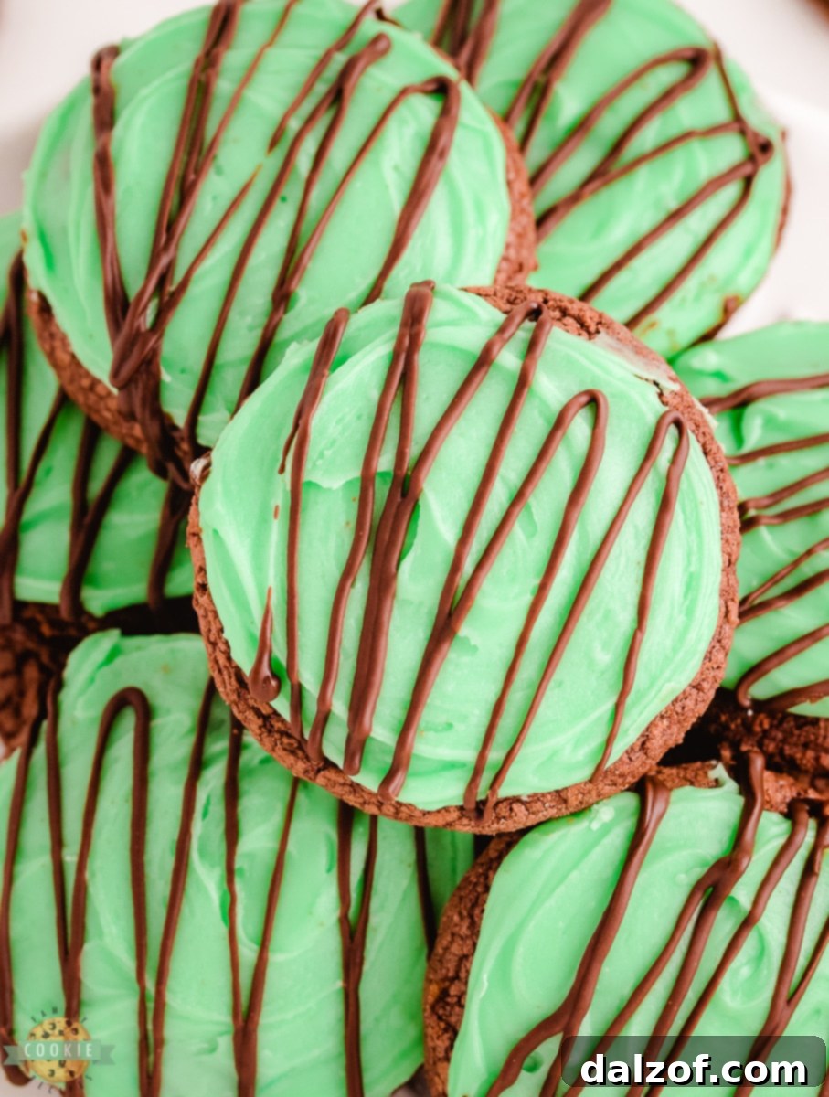mint green cookies with chocolate drizzle