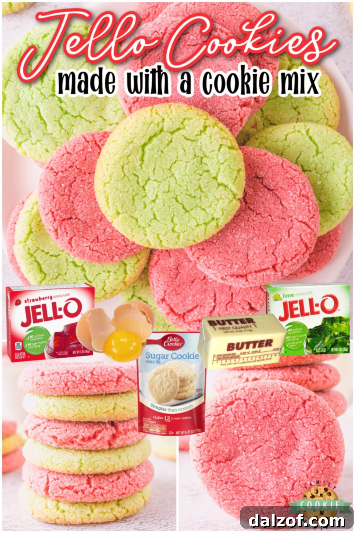 A collage featuring easy Jello cookies, highlighting their fun, fruity flavors and quick preparation with a cookie mix.