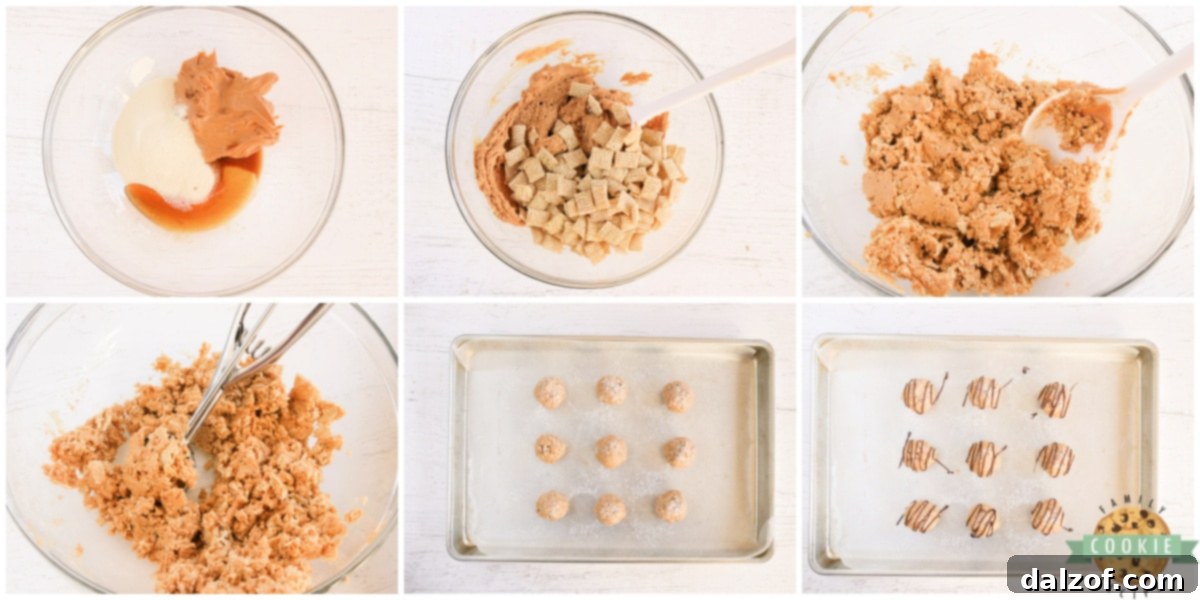 Step by step instructions on how to make No Bake Muddy Buddy Protein Cookies