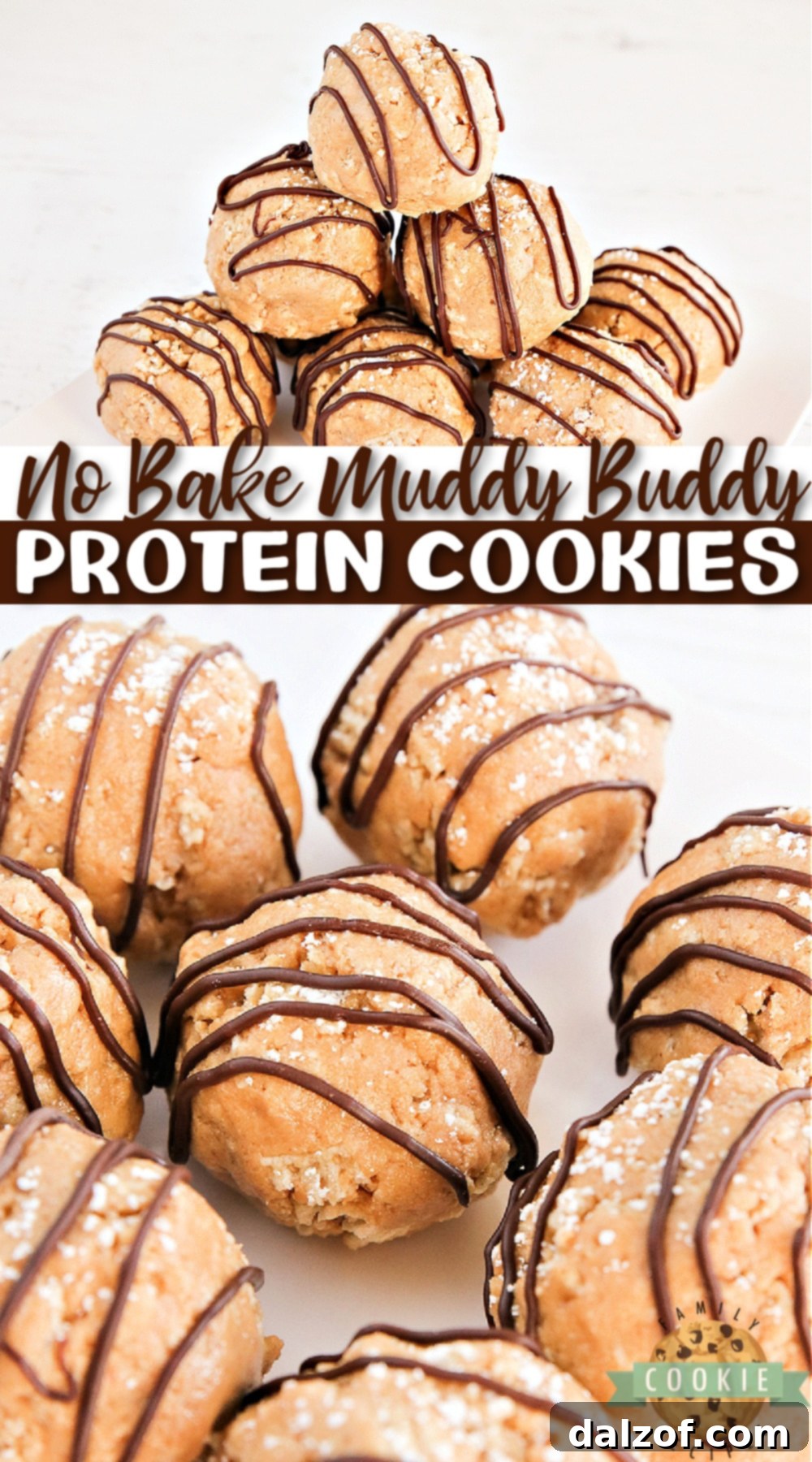 No Bake Muddy Buddy Protein Cookies are made with just 6 ingredients in less than 5 minutes. These delicious cookie have 6 grams of protein each!