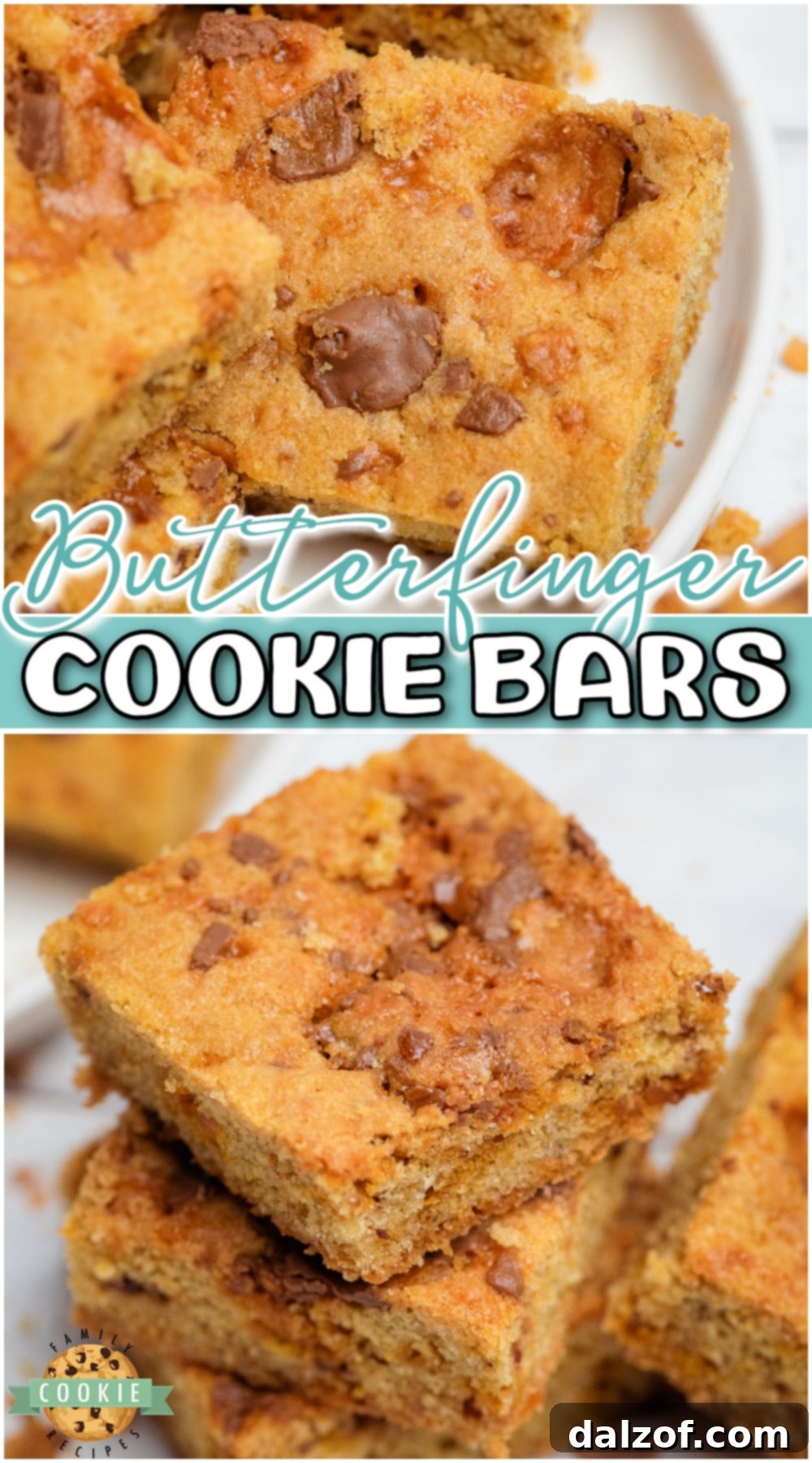Butterfinger Cookie Bars are your favorite candy bar but in delicious cookie for! These butterfinger cookies are soft, chewy & have an amazing irresistibly crunchy texture!