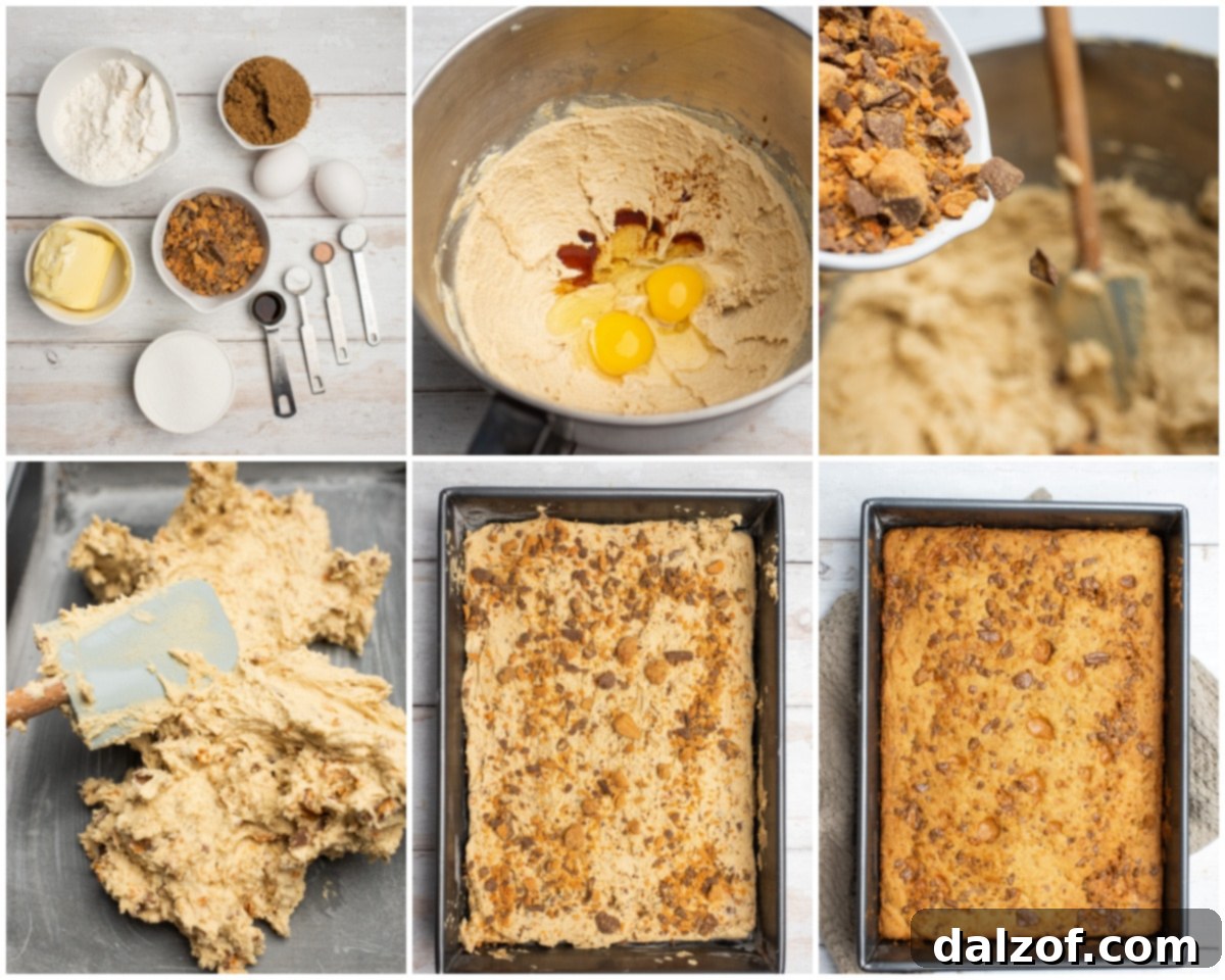 Step-by-step image showing how to make Butterfinger cookie bars