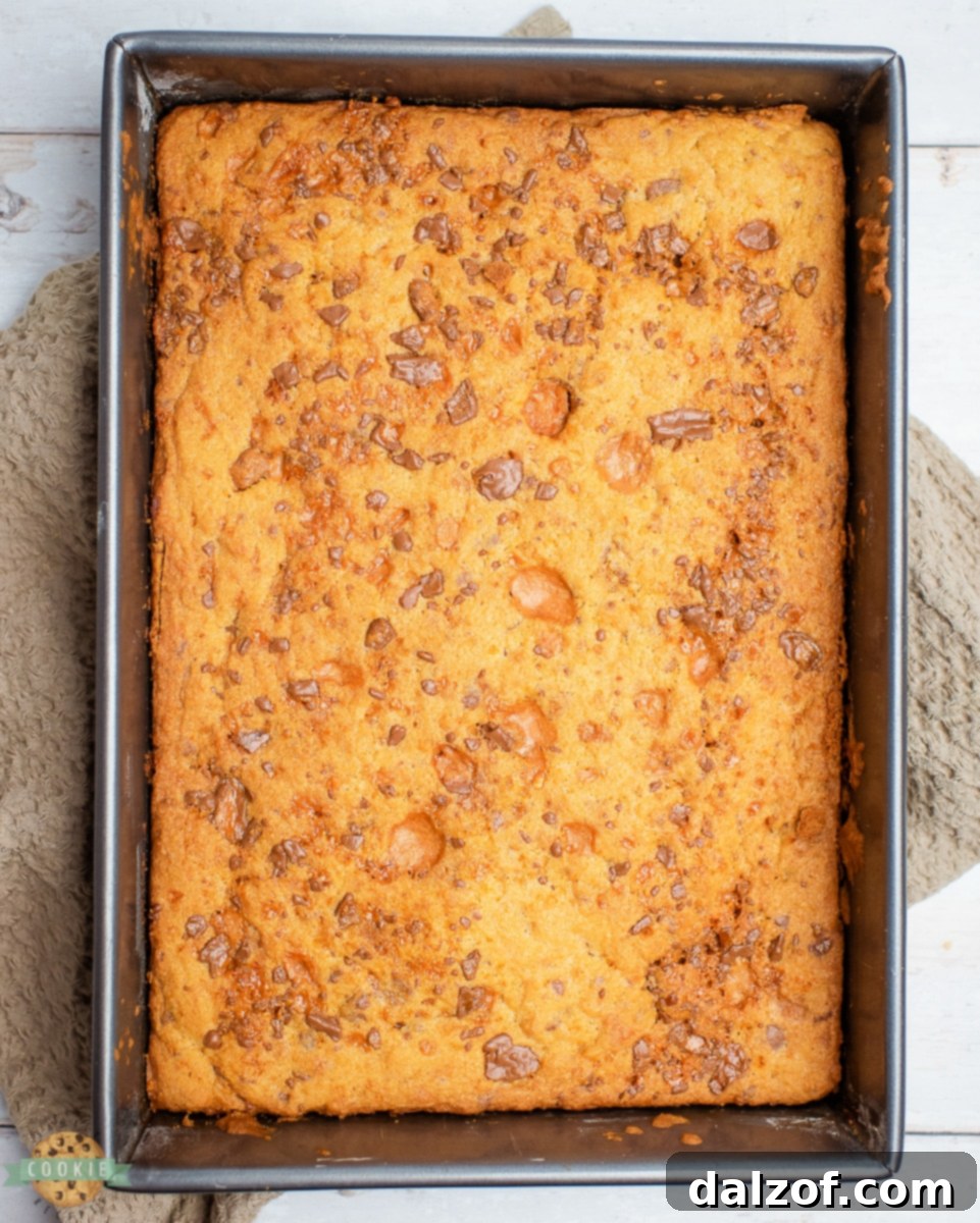 Pan of freshly baked Butterfinger cookie bars
