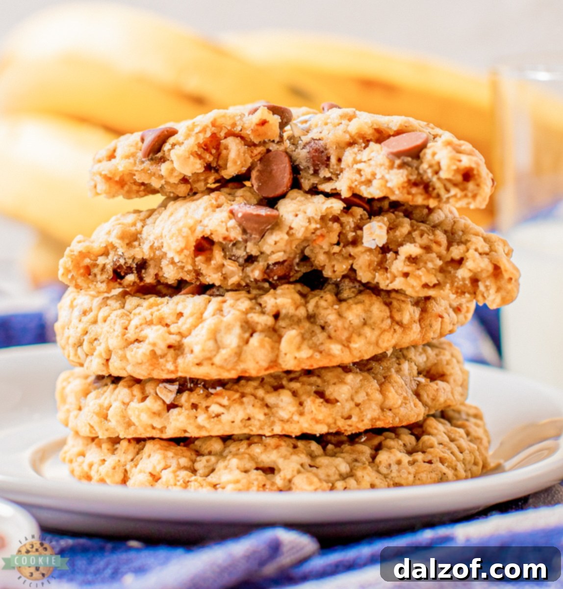 stack of banana oatmeal chocolate chip cookies