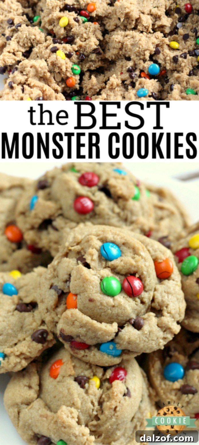 Monster Cookies are made with peanut butter, chocolate chips, M&Ms and oatmeal! All of your favorite cookie flavors combined in one delicious cookie!