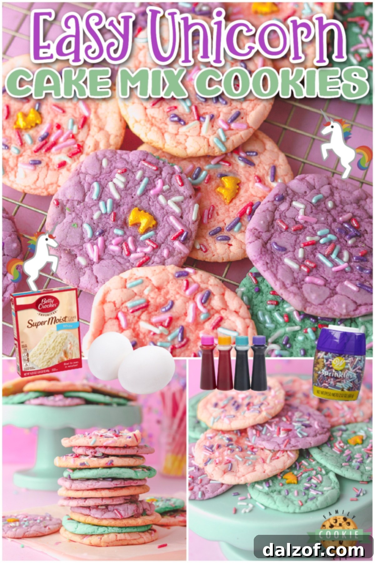 Easy Unicorn Cookies made with cake mix, eggs, oil & sprinkles! Fun, colorful cake mix cookie recipe with a unicorn inspired theme perfect for birthday parties!