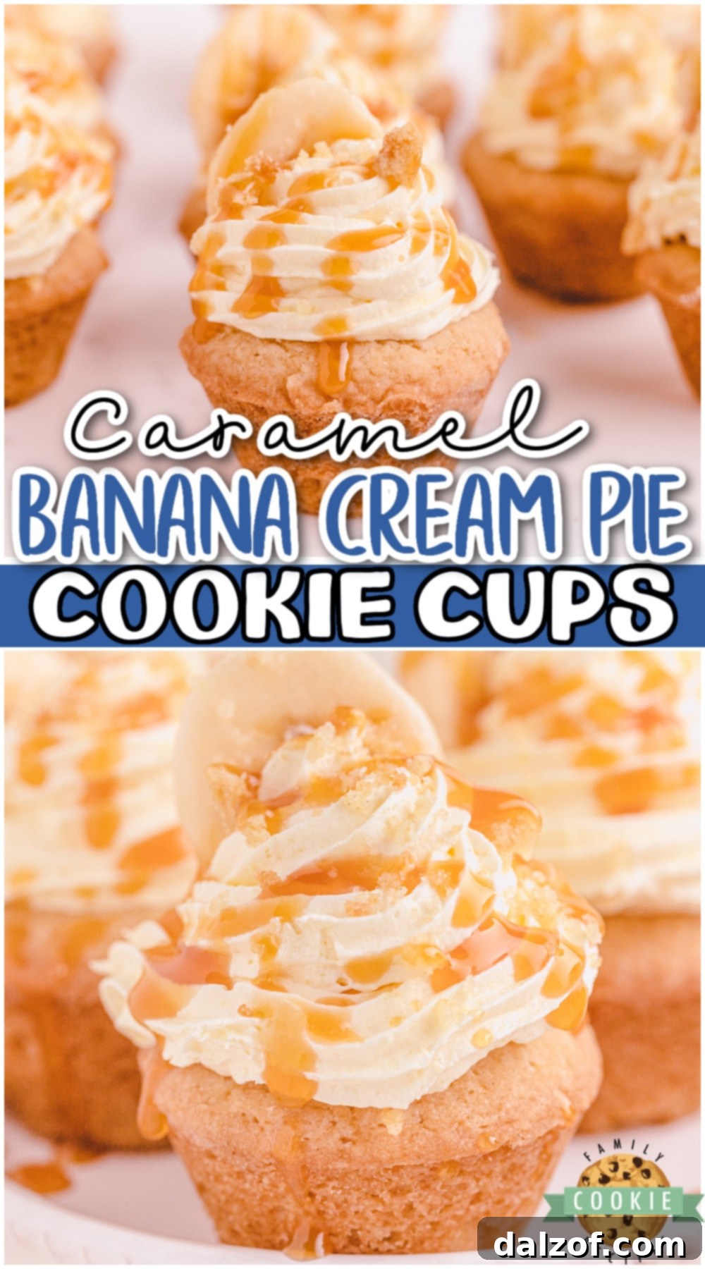 Pie-Perfect Caramel Banana Cookies 12 Caramel Banana Cream Pie Cookies are tiny banana cream pies topped with buttery caramel! Sugar cookies topped with a sweet creamy banana filling and caramel for a decadent treat!