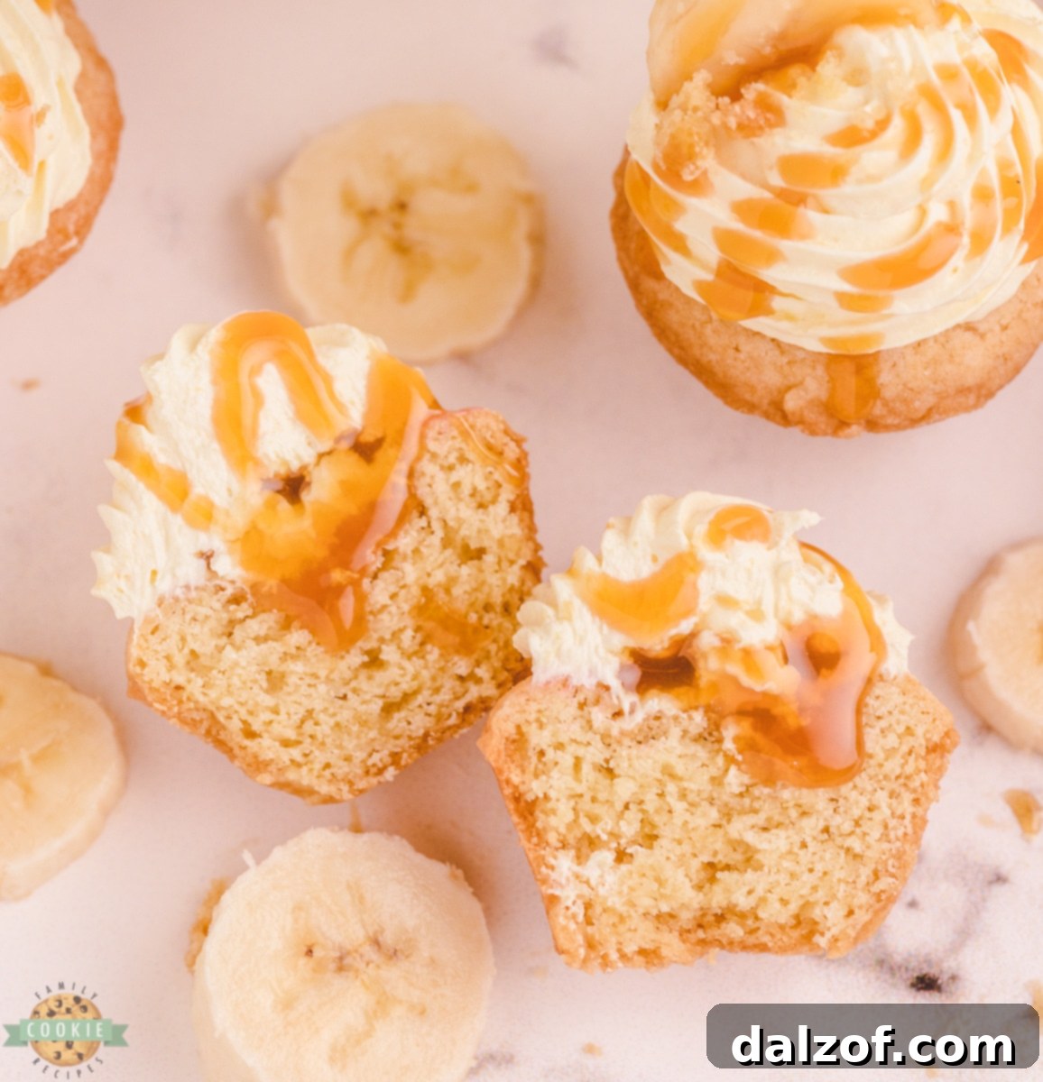 Pie-Perfect Caramel Banana Cookies 3 Sliced Caramel Banana Cream Pie Cookies, showing layers of cookie, caramel, and banana filling.