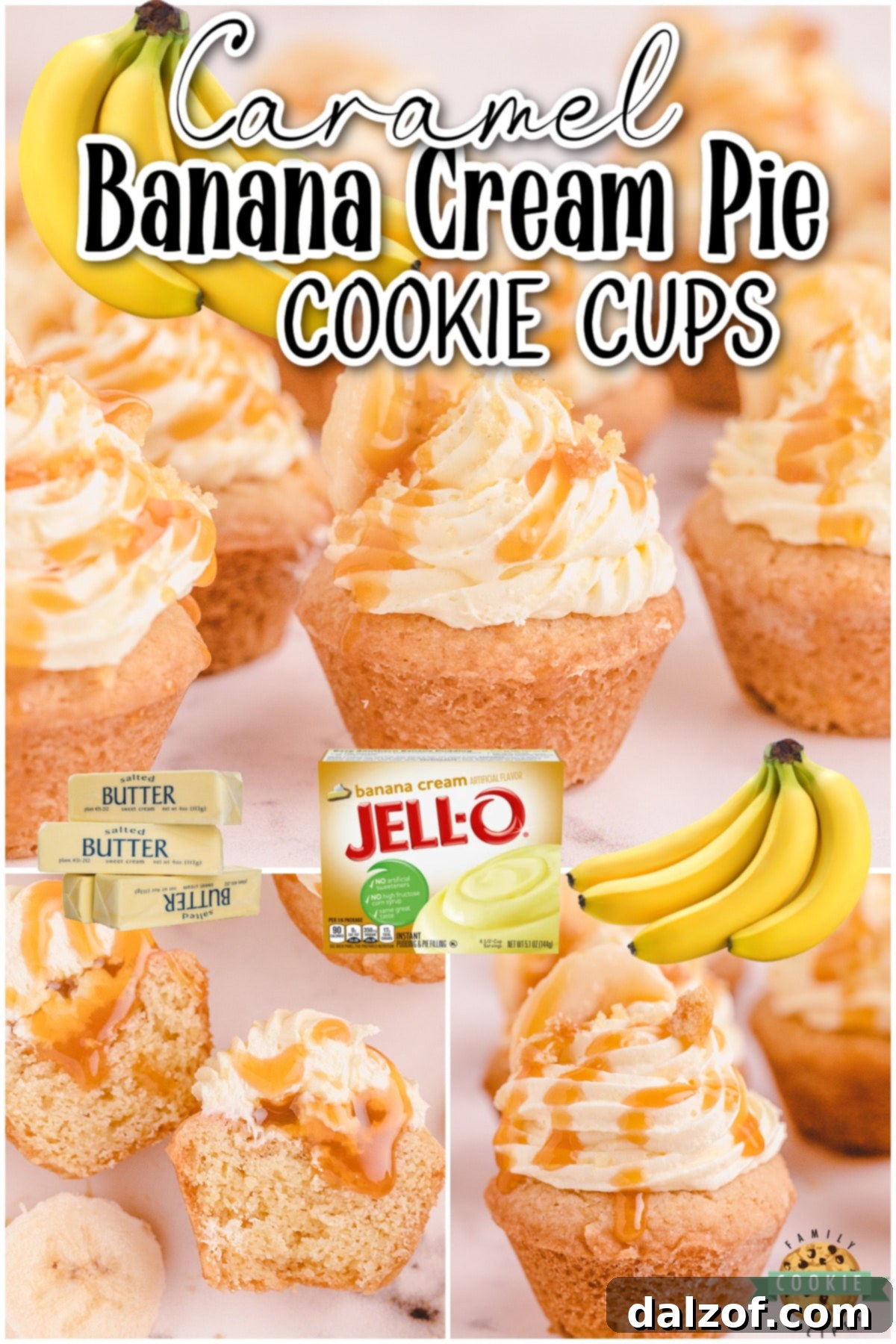 Pie-Perfect Caramel Banana Cookies 8 Caramel Banana Cream Pie Cookies are tiny banana cream pies topped with buttery caramel! Sugar cookies topped with a sweet creamy banana filling and caramel for a decadent treat!