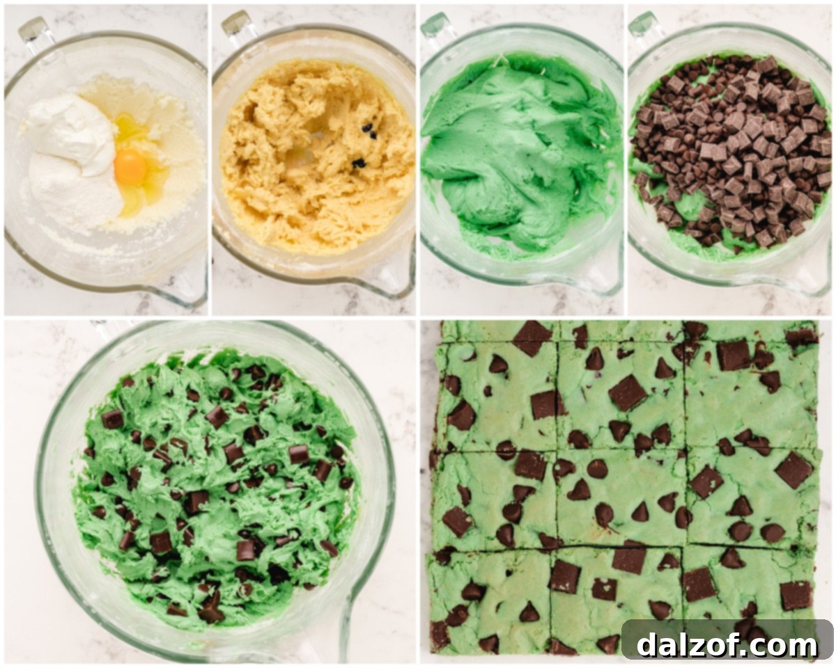 Steps on how to make vibrant green mint chocolate chip cookie bars