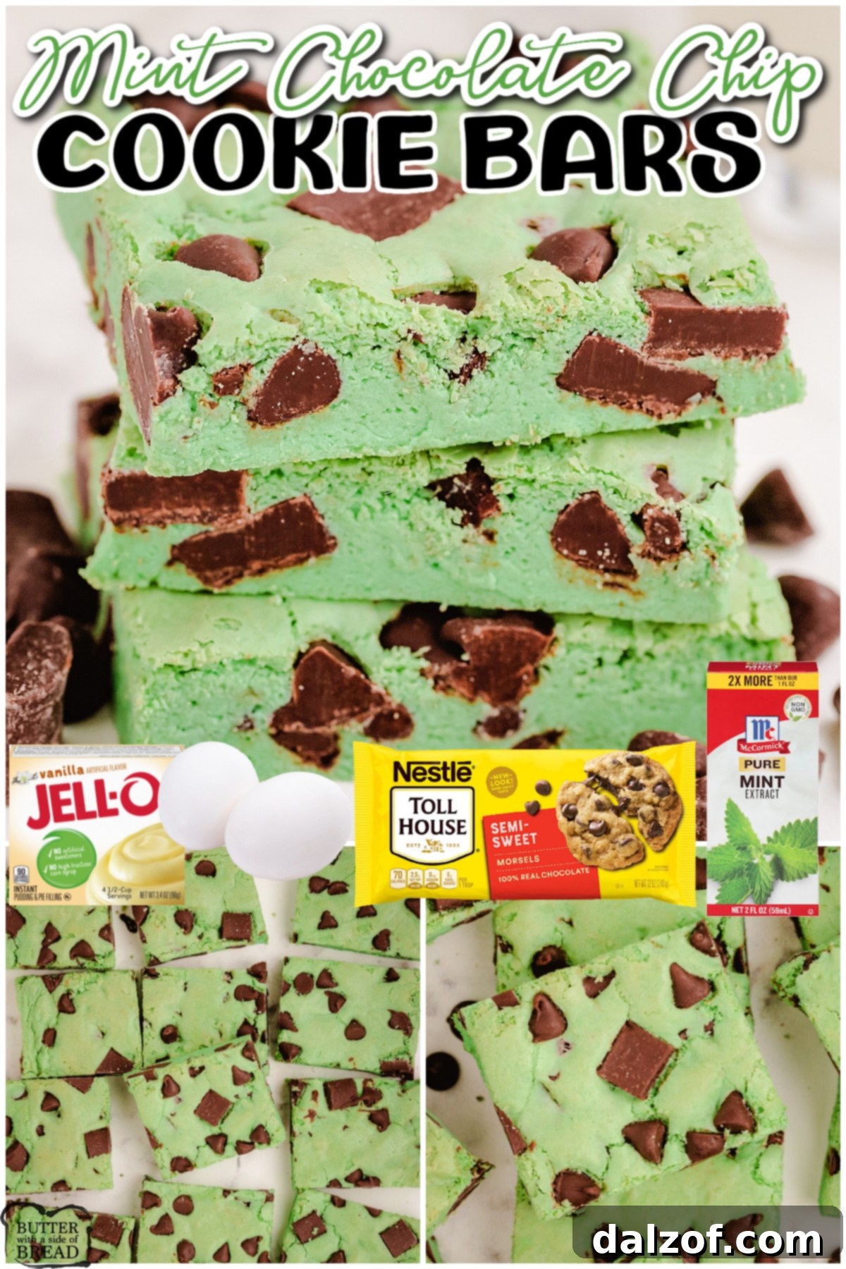 Mint chocolate chip cookie bars are the perfect mint green St. Patrick's Day dessert! Made from scratch with simple ingredients and steps these chewy cookie bars are always a fun treat.