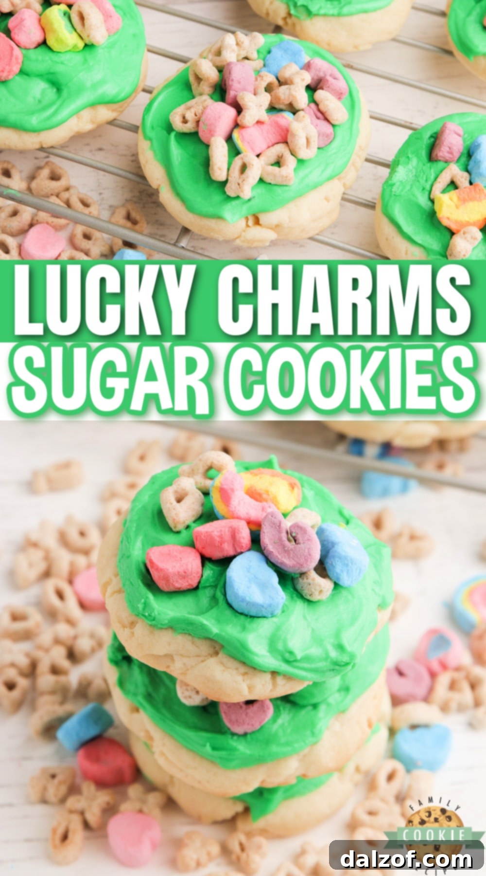 Lucky Charms Sugar Cookies are soft, sweet and perfect for St. Patrick's Day! Absolutely perfect cream cheese sugar cookie recipe frosted with a simple buttercream frosting and topped with Lucky Charms cereal.