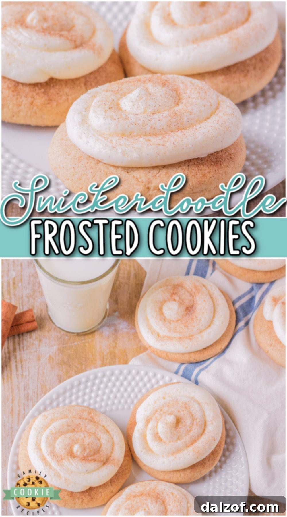 Frosted Snickerdoodles are a soft, chewy cookie rolled in cinnamon and sugar topped with homemade Buttercream Frosting. This snickerdoodle cookie with frosting is the perfect homemade cookie that tastes gourmet!