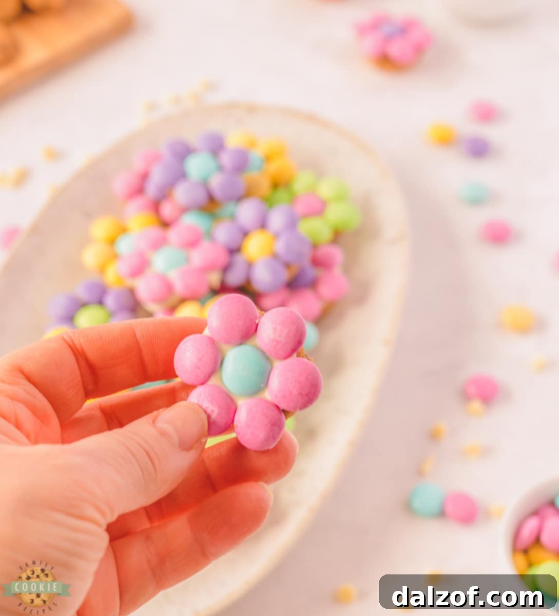 Close-up of cute candy flowers on cookies