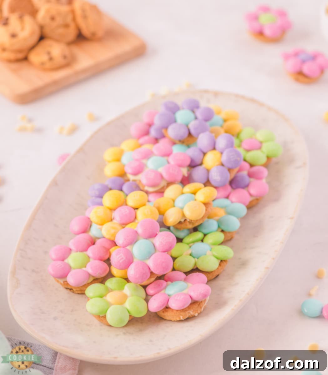 M&M Spring Flower Cookie Bites presented in a festive setting