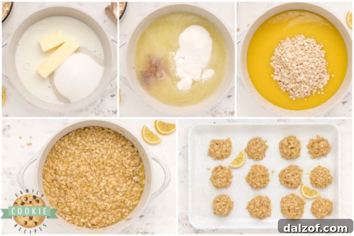 Step by step instructions on how to make Lemon Oatmeal No Bake Cookies