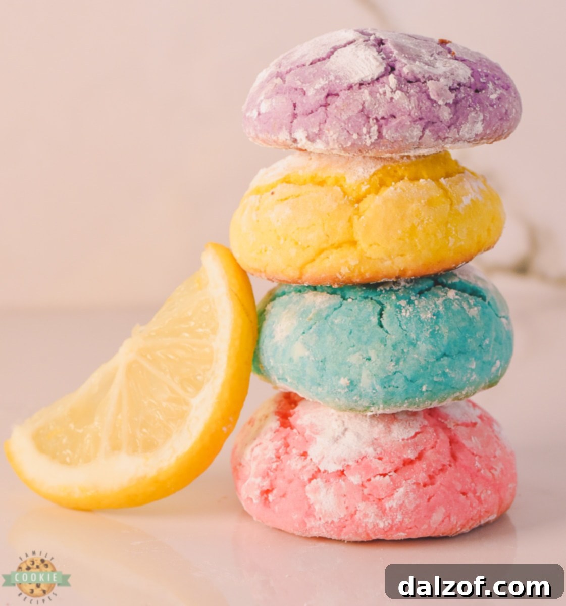 Close-up of pastel lemon crinkle cookies on a wire rack