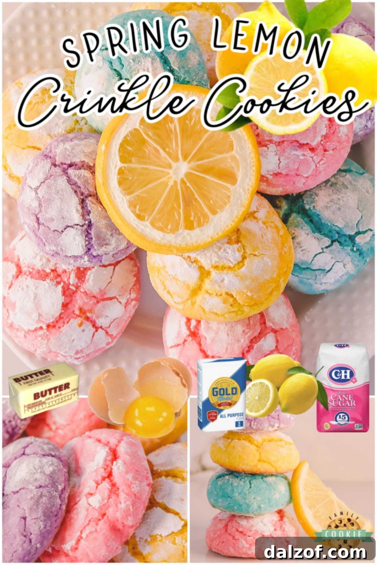 Collection of Spring Lemon Crinkle Cookies with amazing lemon flavor & vibrant, festive colors! Homemade Lemon crinkle cookies are perfect for Easter!