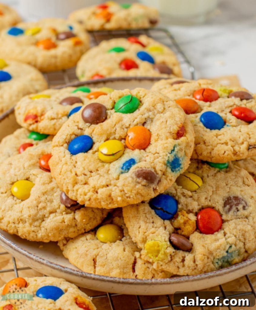 Freshly baked peanut butter oatmeal cookies studded with colorful M&M's on a white plate, ready to be enjoyed.