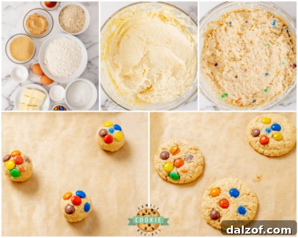 Overhead view of ingredients laid out, illustrating the steps to make peanut butter oatmeal M&M cookies.