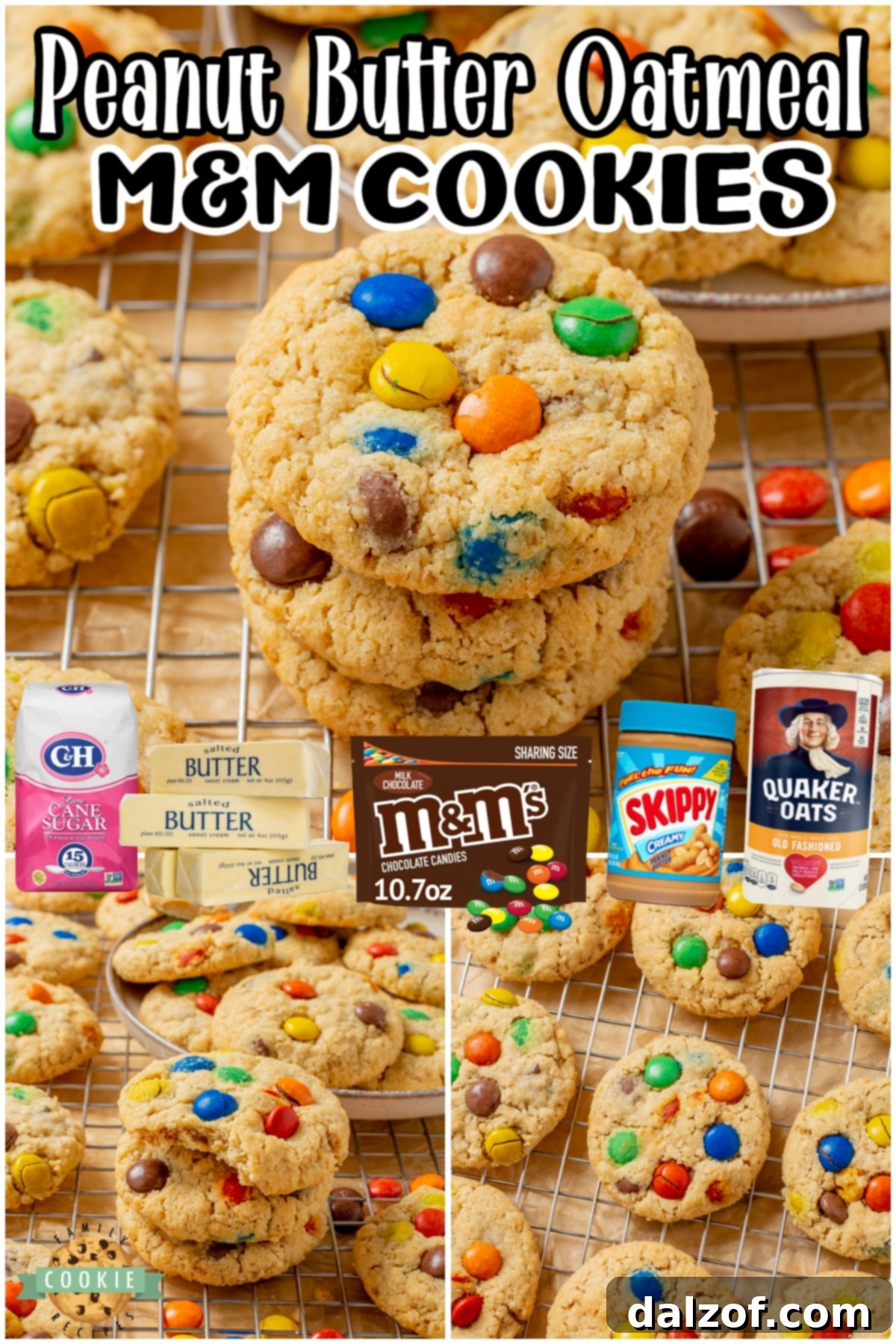 A vibrant collage showing soft and chewy Peanut Butter Oatmeal M&M Cookies loaded with oats and candies, highlighting their homemade appeal.