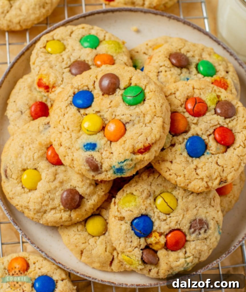 Various sizes and shapes of homemade peanut butter oatmeal cookies with M&M's, emphasizing their rustic charm.