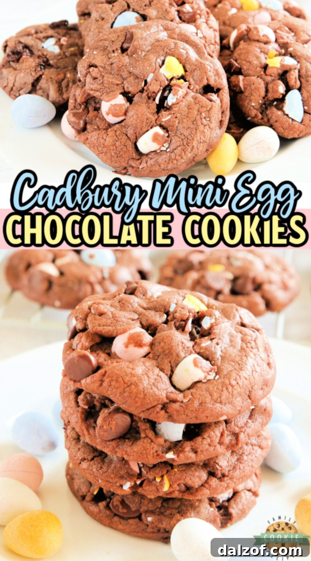 Cadbury Mini Egg Chocolate Cookies are soft, chewy and full of your favorite Easter candy! Delicious chocolate cookie recipe made with chocolate pudding mix, chocolate chips and crushed Cadbury Mini Eggs.