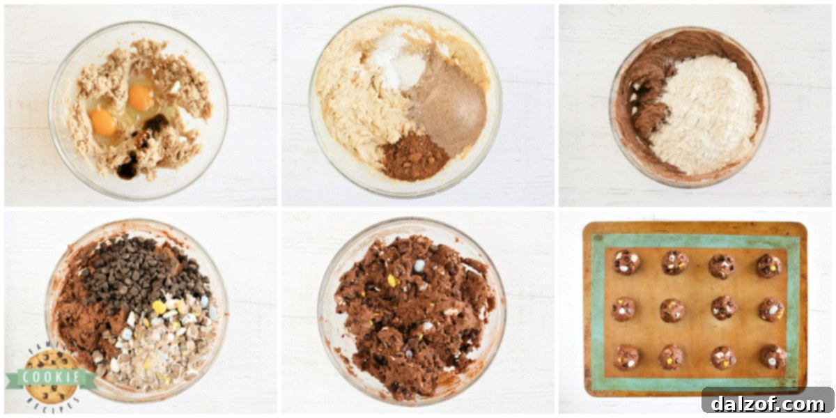 Step by step instructions on how to make Cadbury Mini Egg Chocolate Cookies
