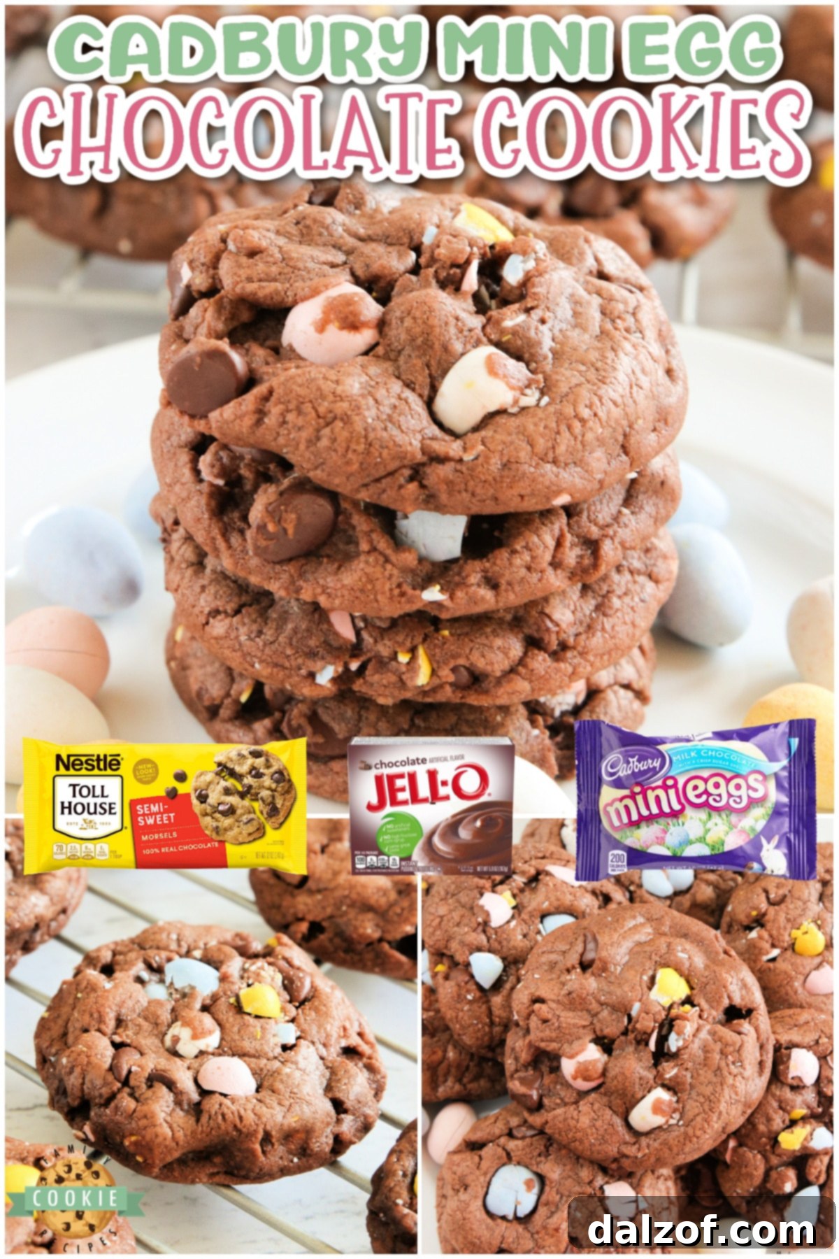 Cadbury Mini Egg Chocolate Cookies are soft, chewy and full of your favorite Easter candy! Delicious chocolate cookie recipe made with chocolate pudding mix, chocolate chips and crushed Cadbury Mini Eggs.