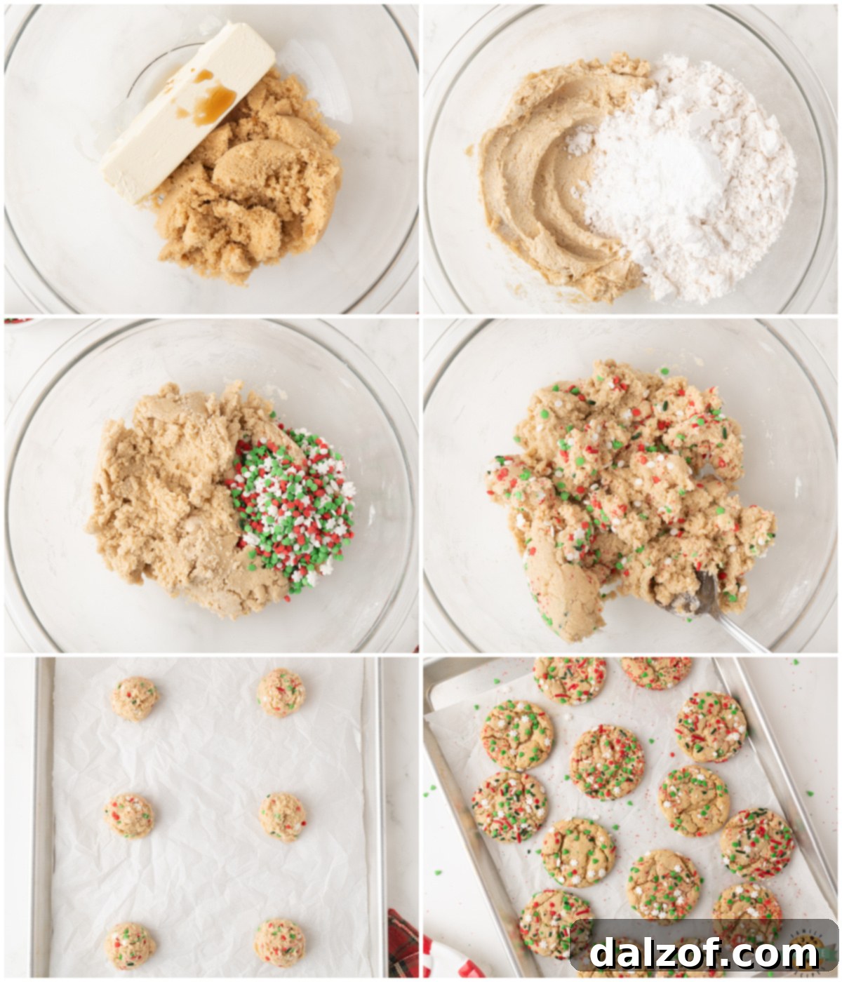 A visual guide showing the steps on how to make Christmas Sprinkle Sugar Cookies, from mixing dough to adding sprinkles.