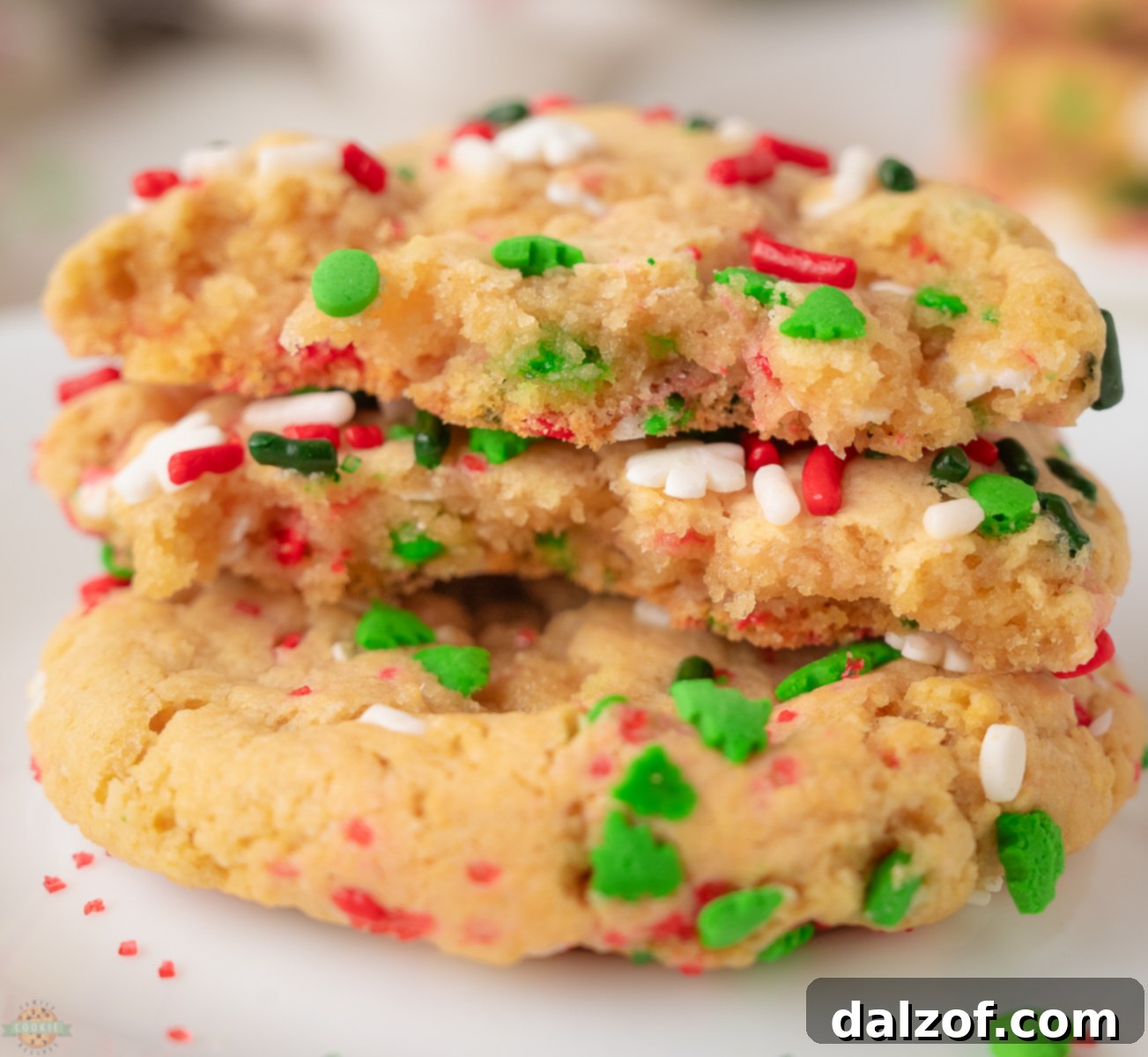 A Christmas sprinkle cookie broken in half, revealing its soft interior and vibrant sprinkles.