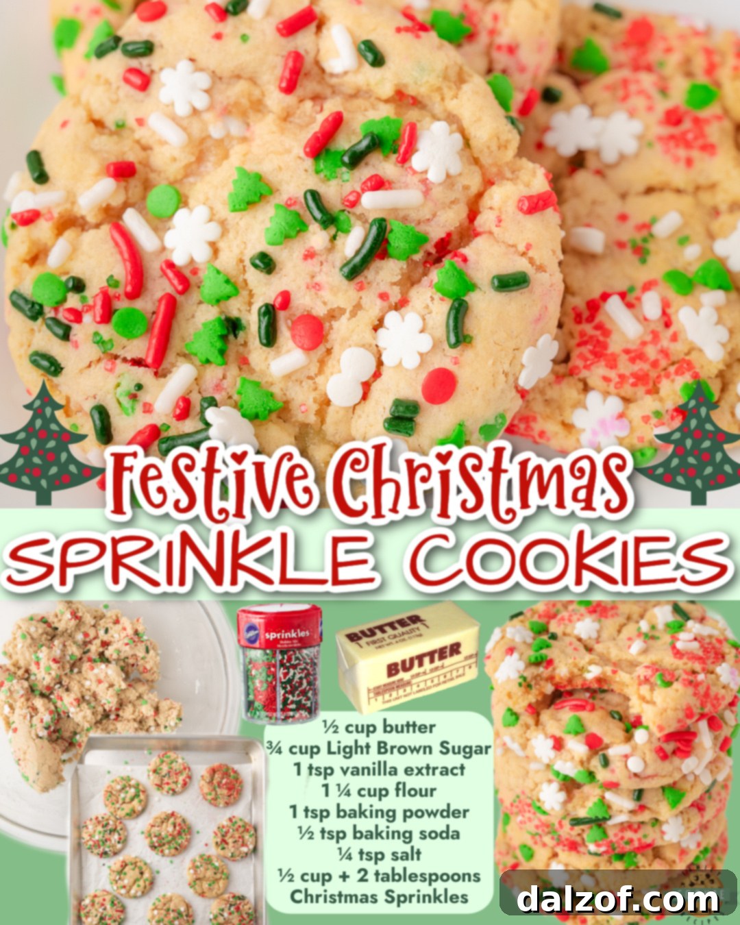 A collage of Christmas Sprinkle Cookies, showing their festive colors and perfect round shape.