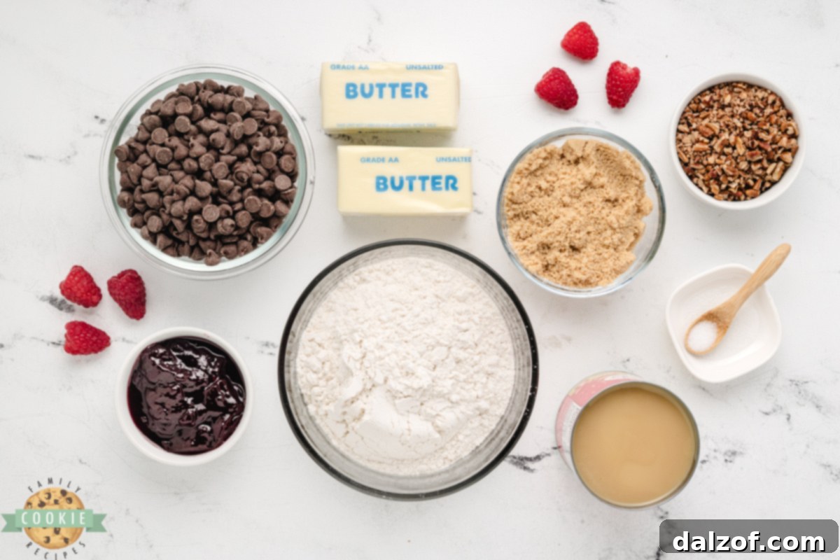 Ingredients in Chocolate Raspberry Shortbread Cookie Bars recipe.