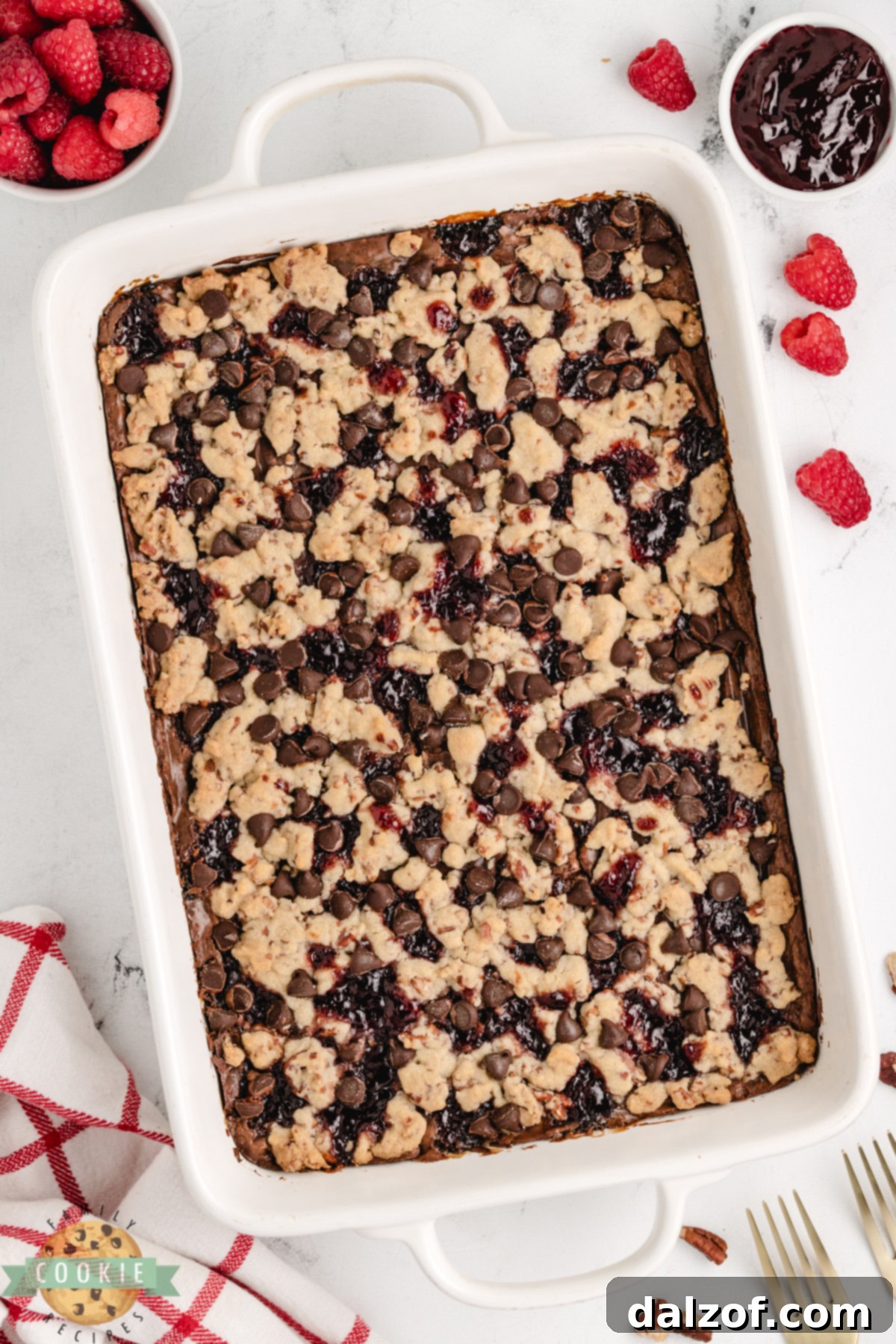Chocolate raspberry shortbread cookie bars in a 9x13 pan with crumb topping.