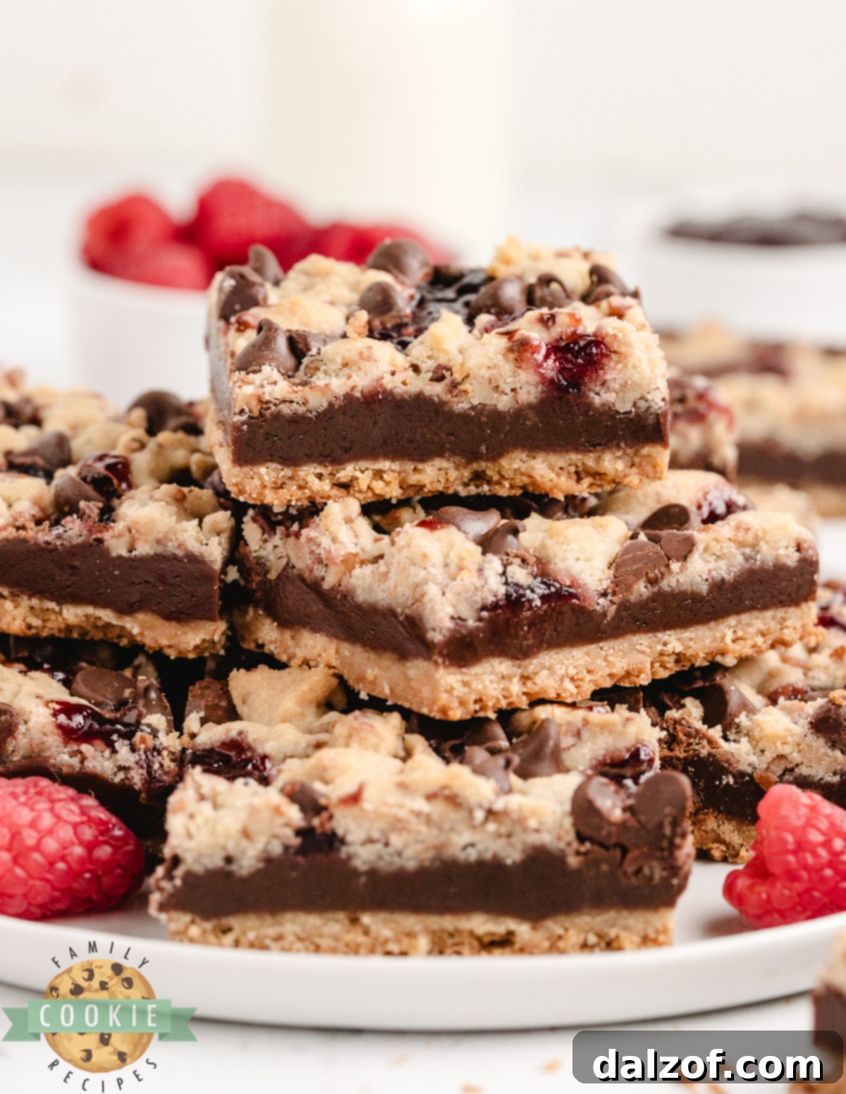Shortbread bars topped with chocolate, raspberry jam, and nuts.
