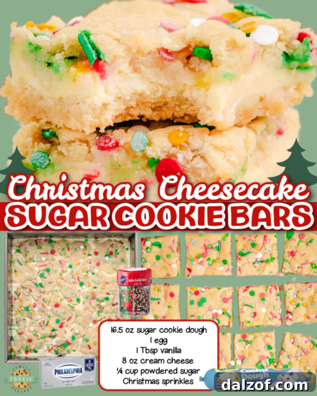 Christmas Cheesecake Sugar Cookie Bars made with sugar cookie dough, a simple cheesecake filling & topped with festive holiday sprinkles!