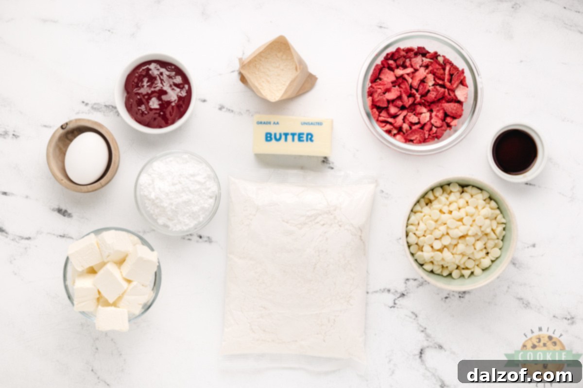 Ingredients needed to make Strawberries and Cream Cake Mix Cookies.