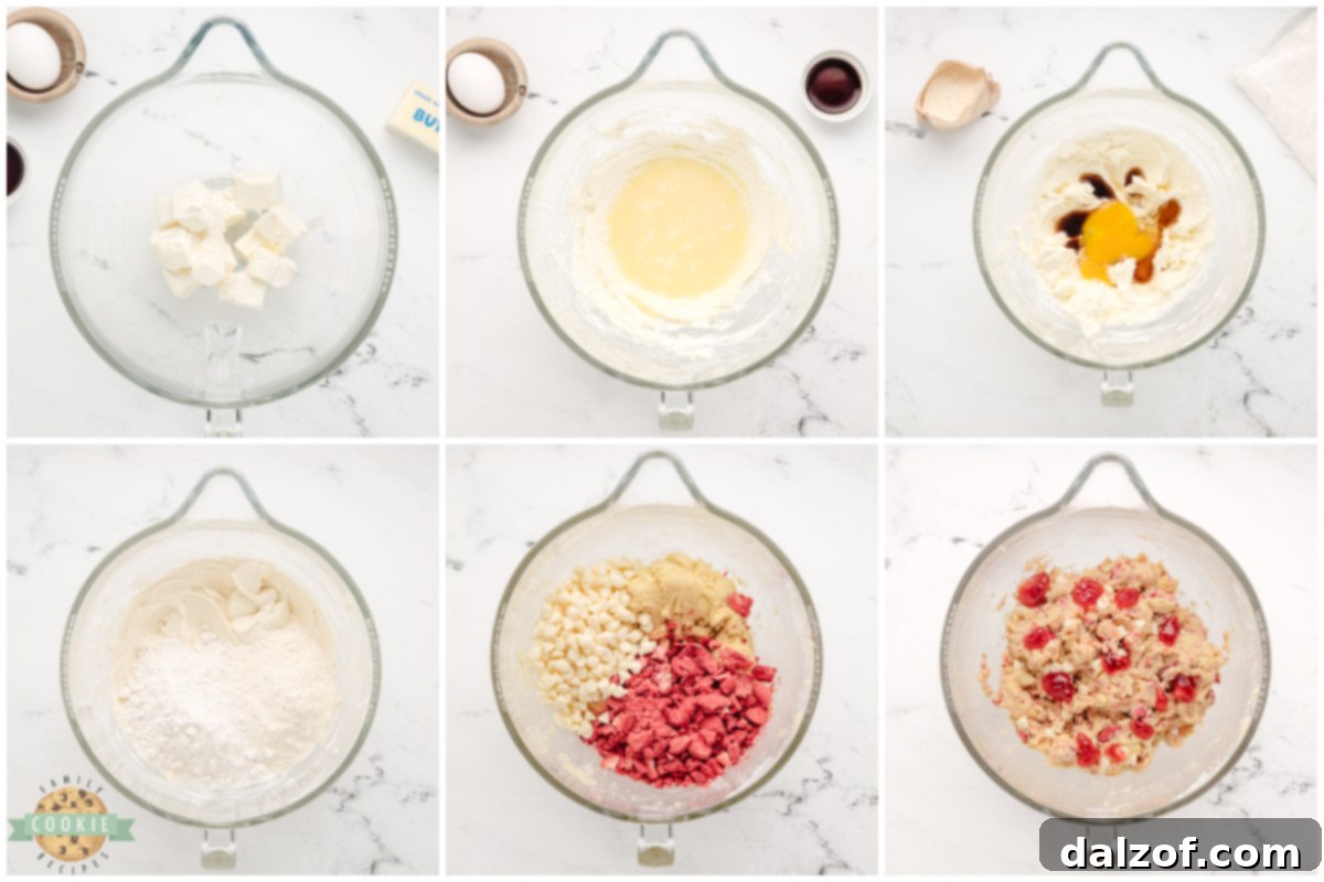 Step-by-step instructions for making Strawberries and Cream Cake Mix Cookies.