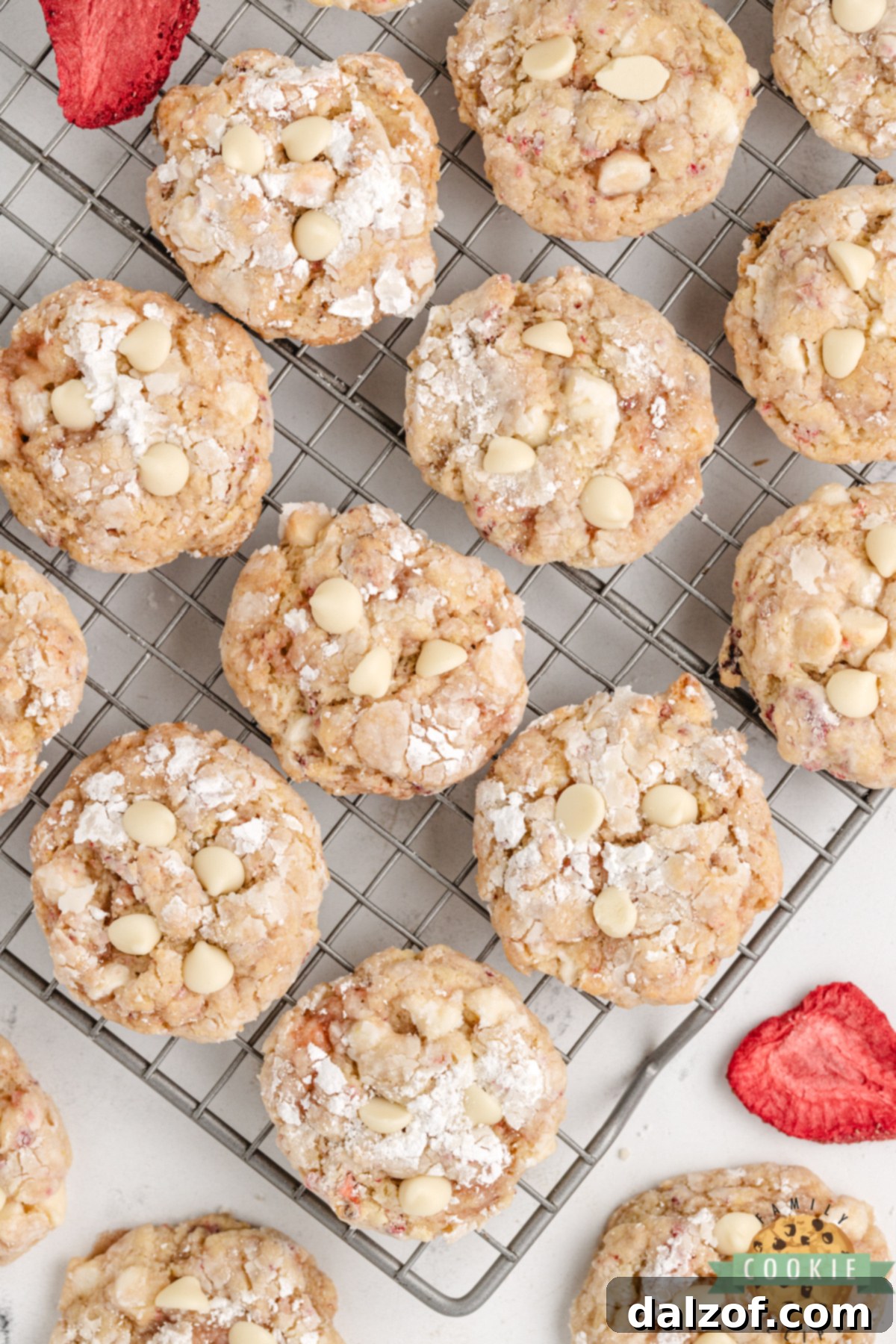 Close-up of Strawberries and cream cake mix cookies with white chocolate chips and strawberry swirls.