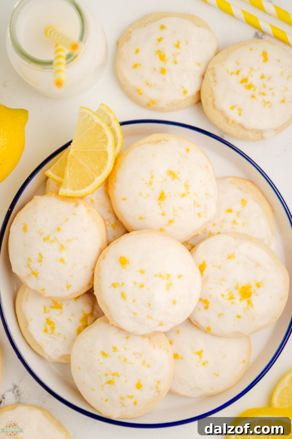 Plate of iced lemon cookies made with buttermilk, ready to be enjoyed
