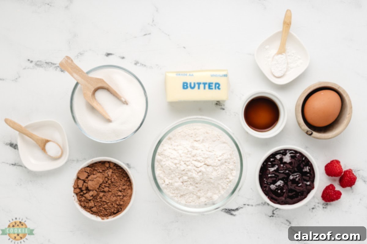 Ingredients in Raspberry Chocolate Thumbprint Cookies recipe.
